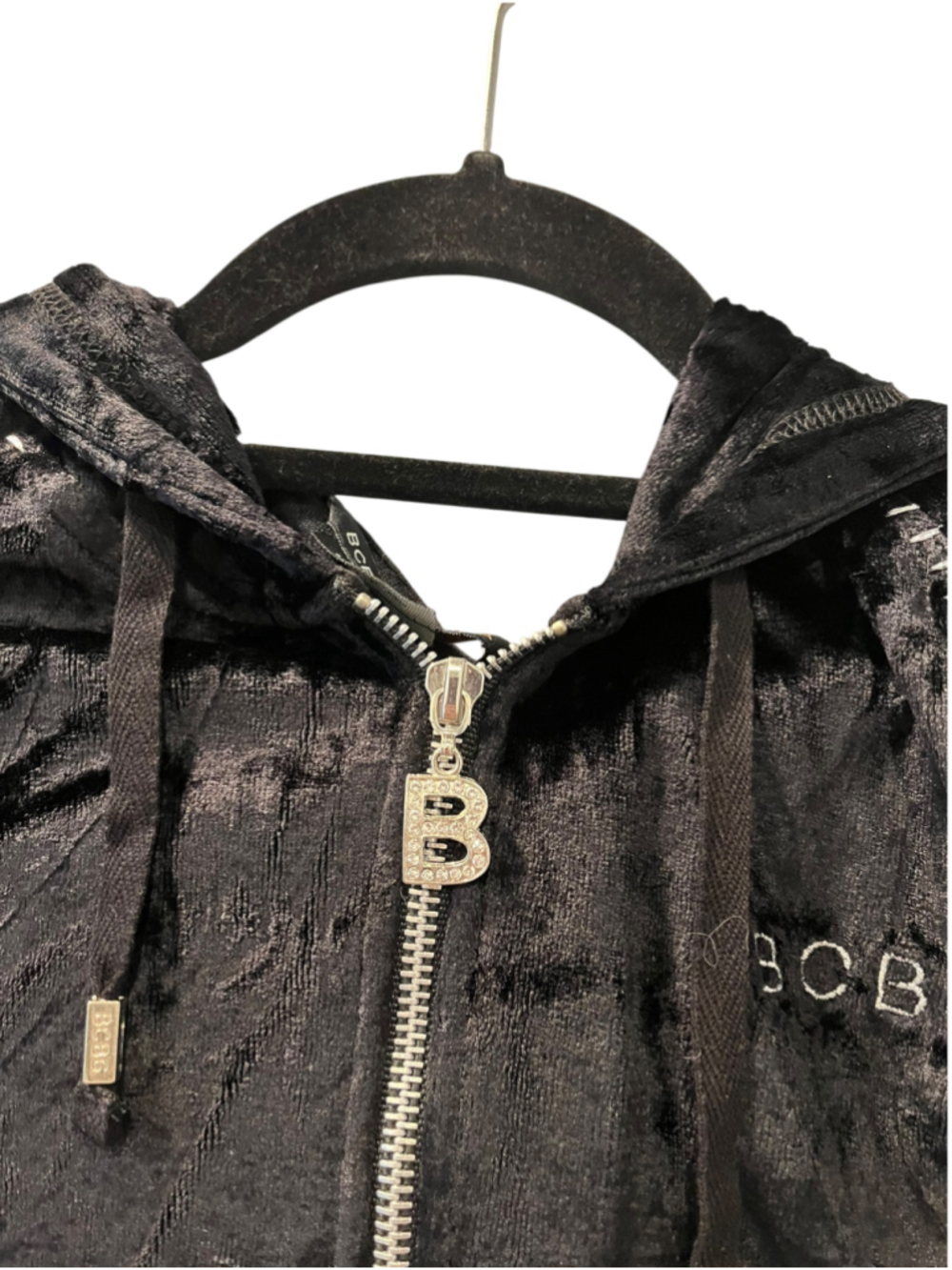 Vtg Y2K BCBG Max Azria Black Velour Rhinestone Hoodie Gothic Fairy McBling Large - Picture 7 of 10